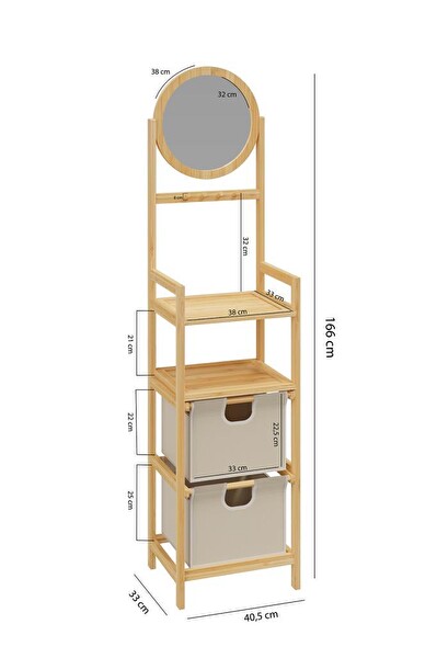 DigitHome DB-0035 Bambu Aynalı 2 Çekmeceli Banyo Düzenleyici 2 Raflı Şifonyer Makyaj Organizeri