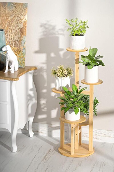 DigitHome DB-0036 Bambu Yuvarlak Form 5 Raflı Saksılık Saksı Standı Çiçeklik Organizer