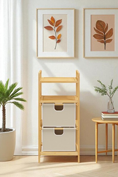 DigitHome DB-0045 Bambu 2 Raflı 2 Çekmeceli Banyo Düzenleyici Çekmeceli Dolap Komodin
