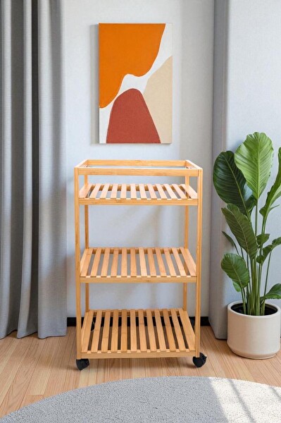 DigitHome Bambu 3 Raflı Tekerlekli Sunum Servis Arabası Mutfak Rafı Sehpa Banyo Rafı DB-0029