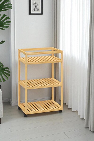 DigitHome Bambu 3 Raflı Tekerlekli Sunum Servis Arabası Mutfak Rafı Sehpa Banyo Rafı DB-0029