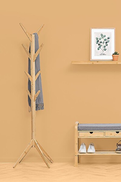 DigitHome Bambu Portmanto Askılık 8'li Modern Vestiyer Ayaklı Askılık Ahşap Elbise Askısı DB-0026