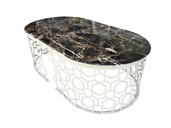 Bengi Ticaret 13760 Geometrik Model Metal Siyah Osmanlı Motif Beyaz MDF Orta Sehpa