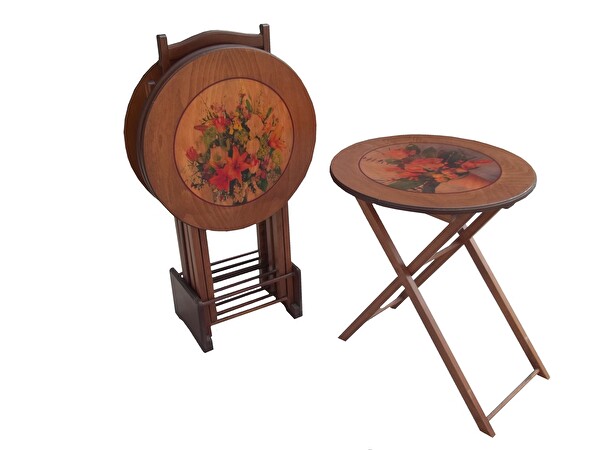 Bengi Ankara Mobilya 17992 Zigon Sehpa Çiçek Motif Yuvarlak Parlak Ceviz Kayın Ayak