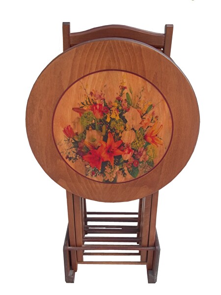 Bengi Ankara Mobilya 17992 Zigon Sehpa Çiçek Motif Yuvarlak Parlak Ceviz Kayın Ayak