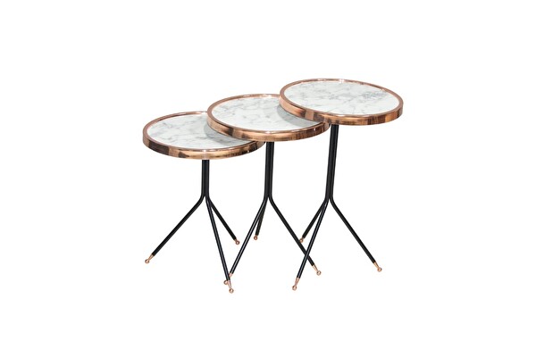 Bengi Ankara Mobilya BRC Olimpik 17874 Zigon Sehpa Beyaz Mermer Desen Temper Cam Metal Rose Kaplama