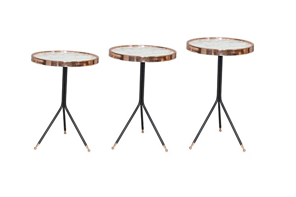 Bengi Ankara Mobilya BRC Olimpik 17874 Zigon Sehpa Beyaz Mermer Desen Temper Cam Metal Rose Kaplama