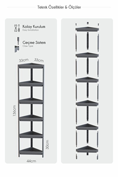 Mithra Life 6 Katlı Üçgen Plastik Beyaz Banyo Mutfak Rafı MIT1233