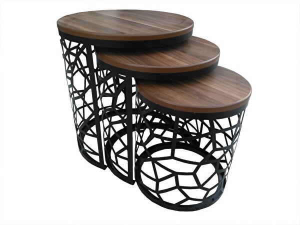 Bengi Ankara Mobilya ST17635 Osmanlı Motifli Zigon Sehpa – MDF Kütük Desen Tabla Metal Ayak