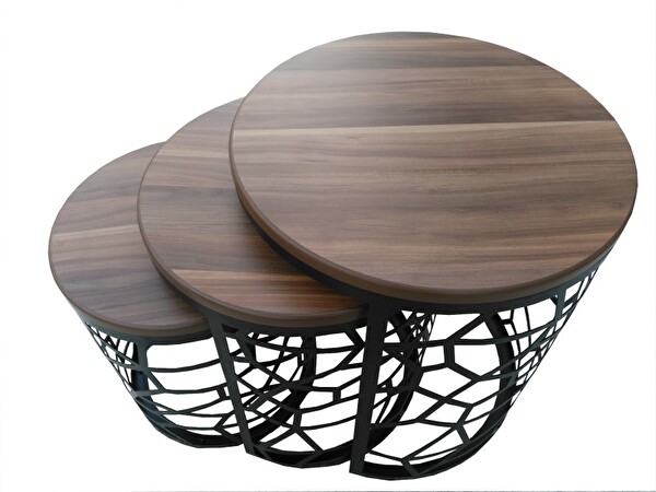 Bengi Ankara Mobilya ST17635 Osmanlı Motifli Zigon Sehpa – MDF Kütük Desen Tabla Metal Ayak