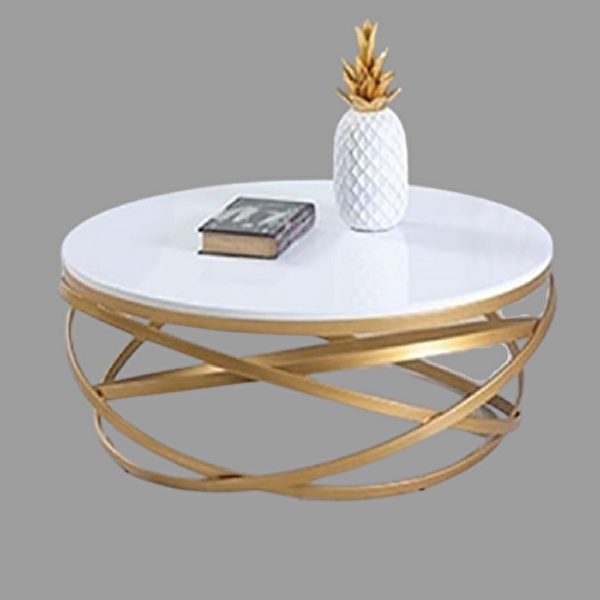 Bengi Ticaret 17144 ZLF Dalga Metal Ayak Gold Renk Kaplama Beyaz MDF Tabla El Yapım Orta Sehpa