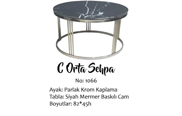 Bengi Ankara Mobilya Brc 13350 C Model Siyah Mermer Temper Cam Metal Gümüş Renk El Yapım Orta sehpa