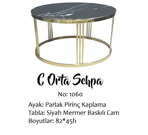 Bengi Ankara Mobilya Brc 14059 C Model Siyah Mermer Temper Cam Metal Gold Renk Kaplama Ayak Orta Sehpa