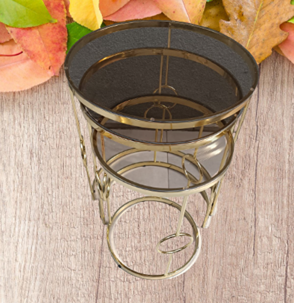 Bengi Ankara Mobilya Zigon ZLF 14103 Halkalı Model Füme Temper Cam Tabla Metal Gold Kaplama El Yapım