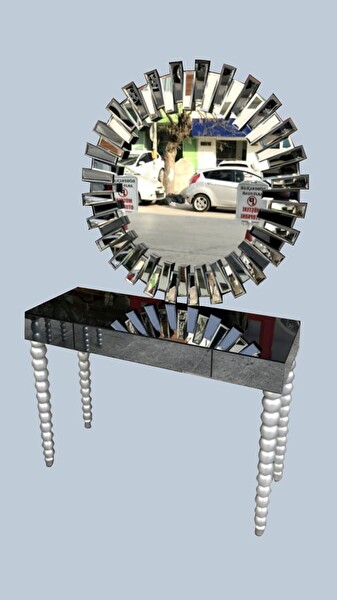 Bengi Ticaret Dresuar 18027 Güneş Model Kayın Elma Gri Ayak Yuvarlak Ayna Ayna Kaplı El Yapım