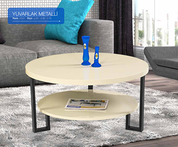 Bengi Ticaret Orta Sehpa Osm 117150 Yuvarlak Metal Model Metal Ayak Parlak Krem Lake Demonte