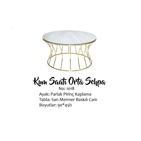 Bengi Ticaret BRC19453 Orta Sehpa Kum Saati Sarı Mermer Temper Cam Metal Gold Kaplama El Yapım