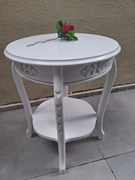 Bengi Ticaret Fiskos 13816 Oyma Model Parlak Kaplama Kayın Ayak Parlak Beyaz Mdf Tabla El Yapı