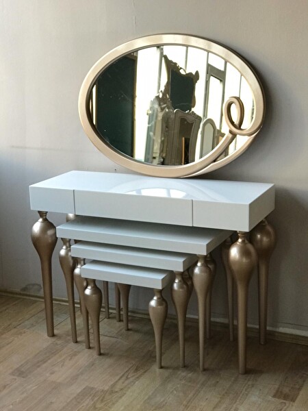 Bengi Ankara Mobilya Dresuar-Tombu 18217 Zigon İmza Oval Ayna Kayın Mdf Ayak Tabla Gold-Beyaz Uyum
