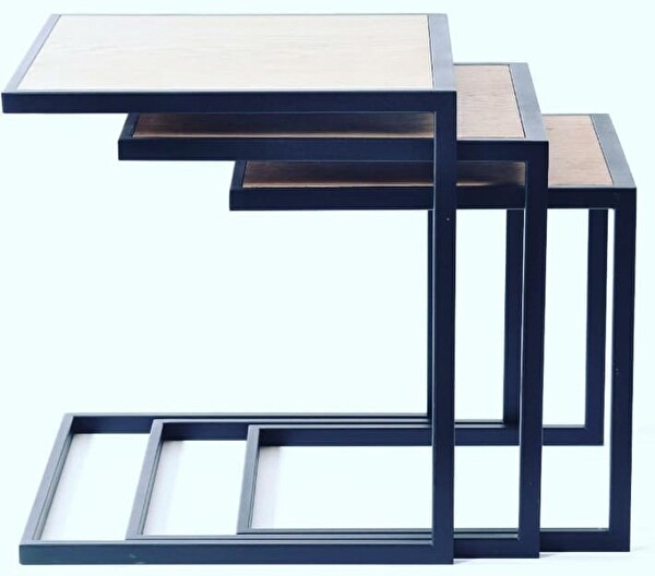Bengi Ankara Mobilya Zigon ZLF 3'lü 14097C Model Metal Siyah Fırın Boya Mdf Siyah Mermer Tabla El Yapım