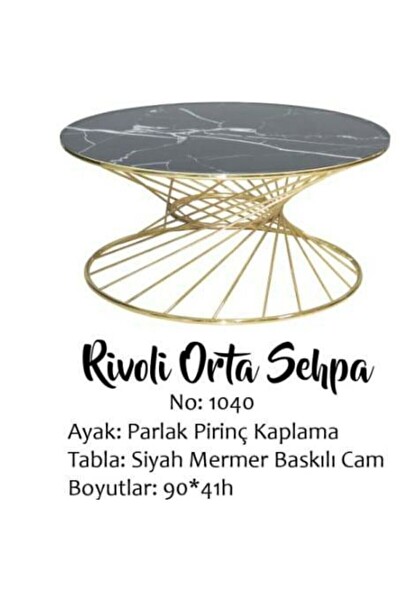 Bengi Ticaret BRC18516 Orta Sehpa Rivoli Siyah Mermer Cam Metal Altın Renk Kaplama Ayak El Yapım