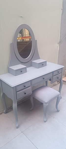 Bengi Ticaret Dresuar 90144 Makyaj Masa 7Çekm Kayın Aslan Ayak Parlak Lake Gri Hareketli Ayna