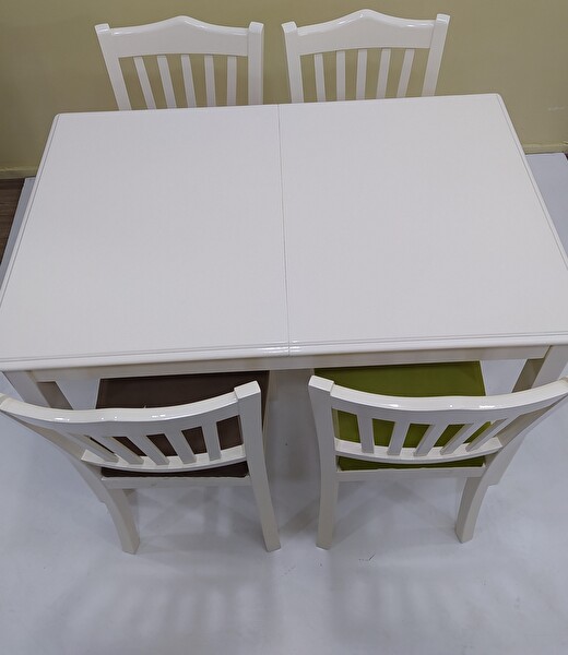 Bengi Ticaret Masa -Sandalye 17864 Mutfak Klasik Model Kayın Ayk Açıl Tabla Parlak Beyaz Kumaş