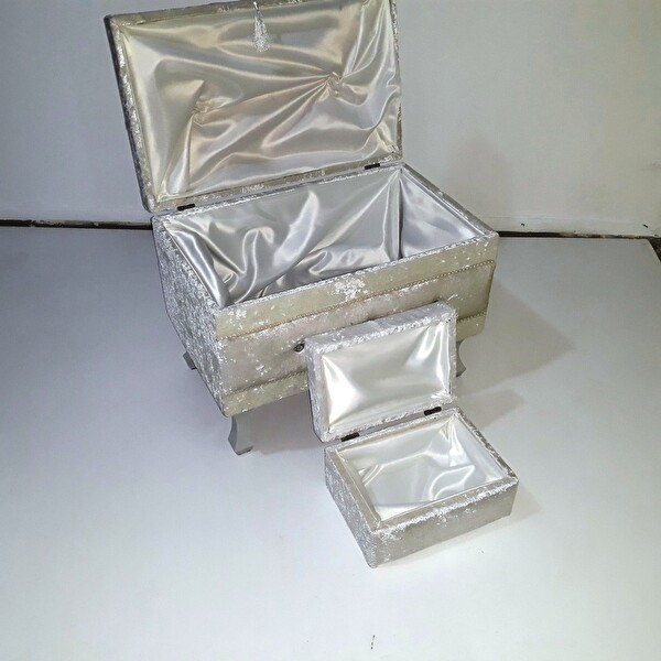 Bengi Ticaret Çeyiz 18149 Sandık Kapitone Model 3 Lü Krem Kadifemsi Kumaş İçi Tela El Yapım