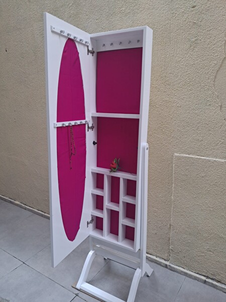 Bengi Ticaret Ayna ST 17711 Takı Dolap Boy Ahşap Kayın-Mdf Gövde Parlak Beyaz Klasik El Yapım
