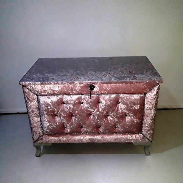 Bengi Ticaret Çeyiz Sandık 18151 Kapitone Büyük Tekli Pembe Kadife Kumaş İçi Kırmızı El Yapı