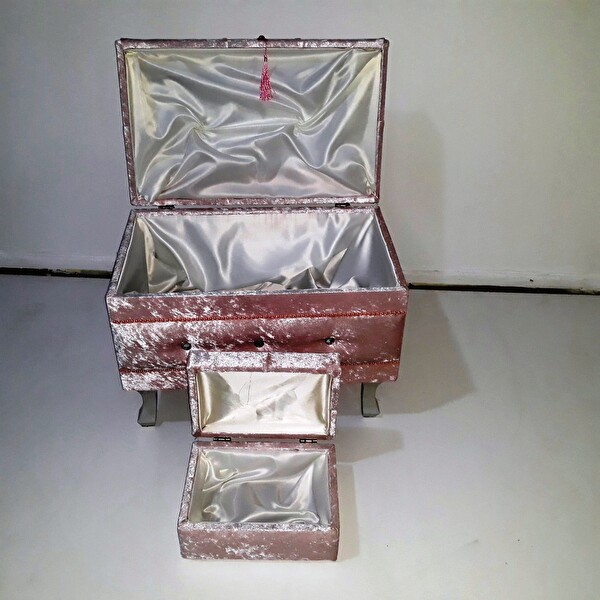 Bengi Ticaret Çeyiz 18150 Sandık Kapitone Model 2'li Pembe Kadifemsi Kumaş İçi Tela El Yapım