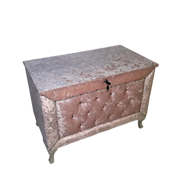 Bengi Ticaret Çeyiz 13939 Sandık Kapitone Büyük Model Pembe Kadife Kumaş İçi Tela El Yapım