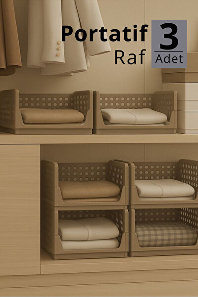 Mithra Life MIT1259 3'lü Kayar Raf Organizer Bej Dolap İçi Kıyafet Aksesuar Düzenleyici