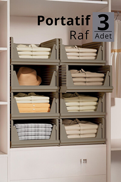 Mithra Life MIT1259 3'lü Kayar Raf Organizer Bej Dolap İçi Kıyafet Aksesuar Düzenleyici