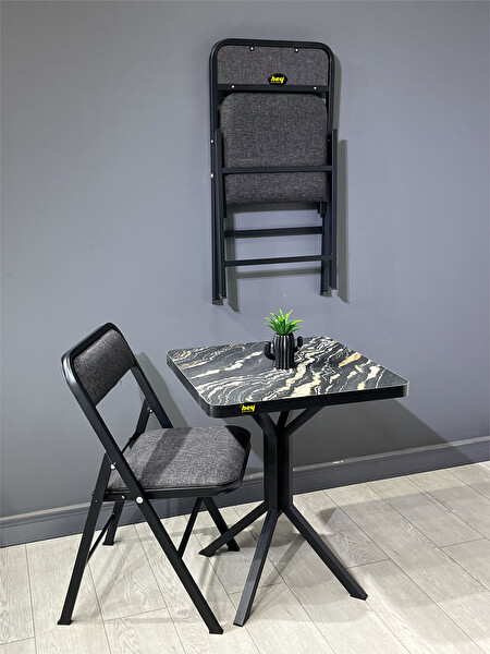 Hey Modüler Mobilya Zeren Kare Luanda Mermer Siyah Ayak 60 CM Mutfak Yemek Balkon Masası