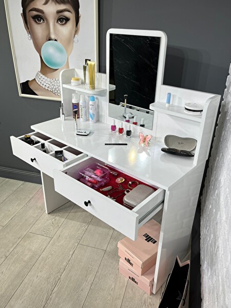 Hey Modüler Mobilya 2 Çekmeceli Takı Düzenleyici ve Raflı Organizer Beyaz 104 CM Aynalı Makyaj Masası