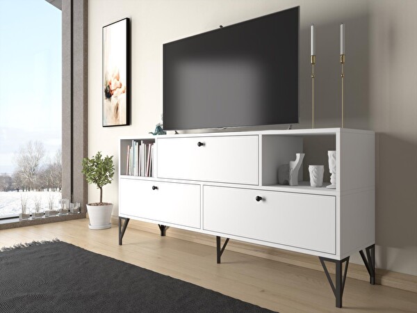 Wood'n Love Mia 160 Cm Metal Ayaklı Tv Ünitesi Konsol - Beyaz Siyah