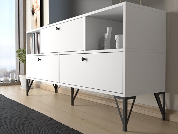 Wood'n Love Mia 160 Cm Metal Ayaklı Tv Ünitesi Konsol - Beyaz Siyah