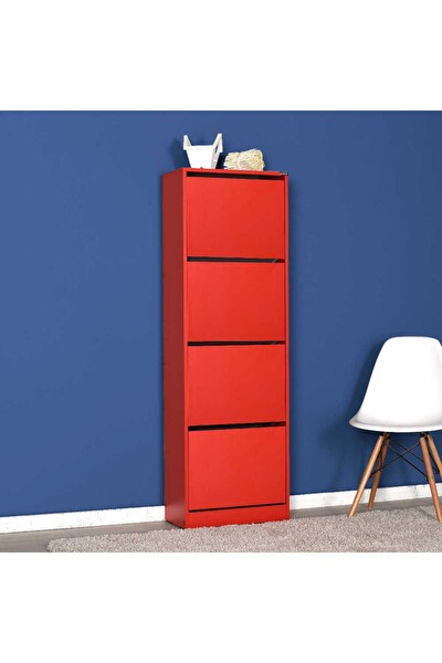 Adore Mobilya Flat Duo 4 Katlı Ayakkabılık Dolabı - Kırmızı 51x157x26 CM