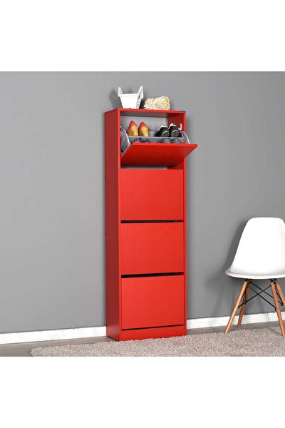 Adore Mobilya Flat Duo 4 Katlı Ayakkabılık Dolabı - Kırmızı 51x157x26 CM