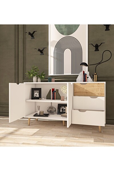 VM Vertex Mobilya Parma Defne Konsol 140 CM 2 Kapak 3 Çekmece Konsol Safir Meşe - Beyaz