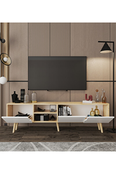 VM Vertex Mobilya Latina Ahşap Ayaklı Tv Ünitesi Tv Sehpası 180 CM Safir Meşe - Beyaz