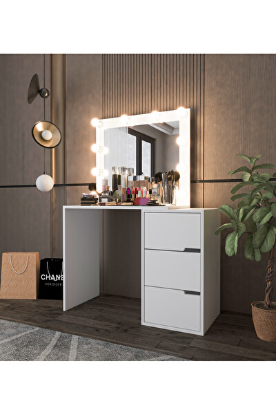 VM Vertex Mobilya Modena Hollywood Işıklı Aynalı Çekmeceli Makyaj Masası Beyaz