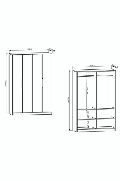 VM Vertex Mobilya Parma Monza 4 Kapılı Beyaz Gardırop Dolap 120 CM Vm30, 180 CM