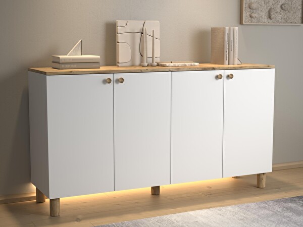 Wood'n Love Nora Bohem Ledli 4 Kapaklı Çok Amaçlı Konsol 160 CM Dolap Atlantik Çam - Beyaz