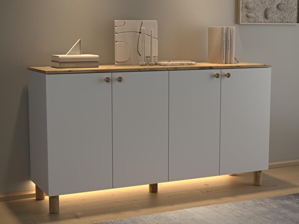 Wood'n Love Nora Bohem Ledli 4 Kapaklı Çok Amaçlı Konsol 160 CM Dolap Atlantik Çam - Beyaz