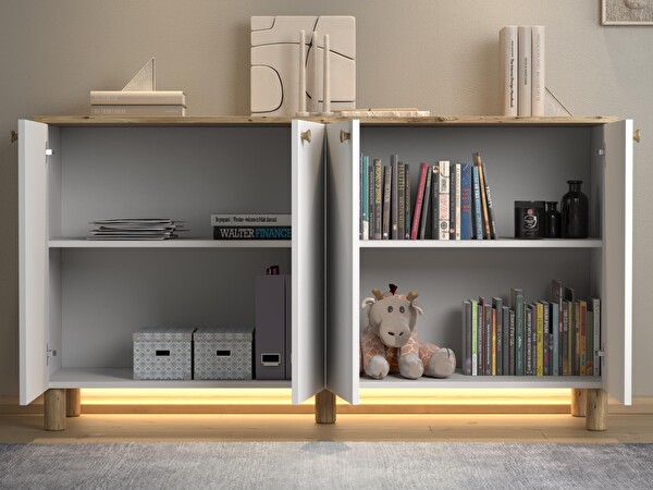 Wood'n Love Nora Bohem Ledli 4 Kapaklı Çok Amaçlı Konsol 160 CM Dolap Atlantik Çam - Beyaz