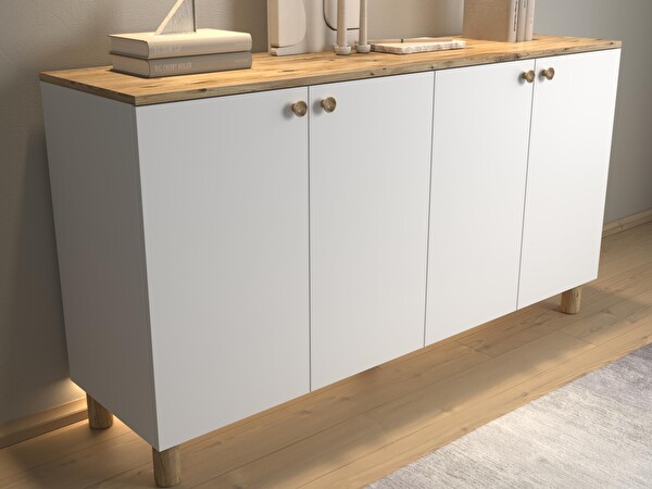Wood'n Love Nora Bohem Ledli 4 Kapaklı Çok Amaçlı Konsol 160 CM Dolap Atlantik Çam - Beyaz
