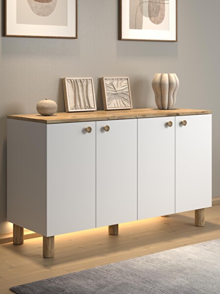 Wood'n Love Nora Bohem Ledli Çok Amaçlı 4 Kapaklı Konsol Mutfak Dolabı 120 CM Atlantik Çam - Beyaz