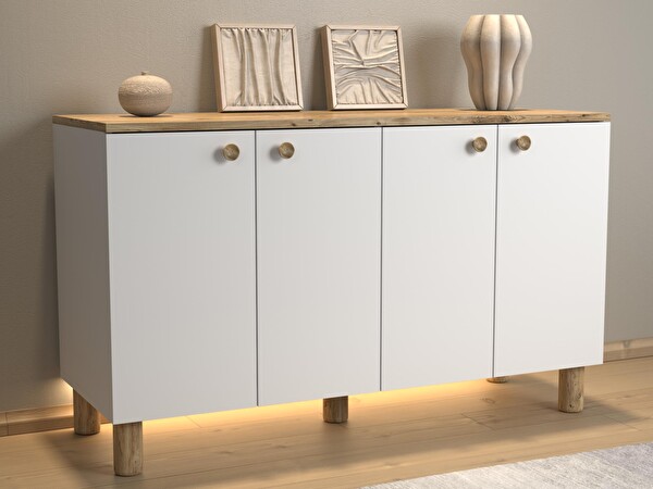 Wood'n Love Nora Bohem Ledli Çok Amaçlı 4 Kapaklı Konsol Mutfak Dolabı 120 CM Atlantik Çam - Beyaz